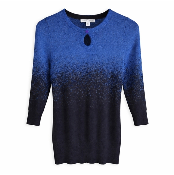 Notations Petite Ombre Knit Top PS Blue Black Keyhole 3/4 Sleeve - Picture 2 of 5
